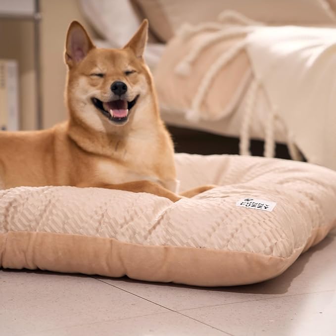 FUNNY FUZZY 30x20 Washable Dog Bed Crate Mat, 2 in1 Pet Pillow Sleeping Bed, Fluffy Deluxe Kennel Mattress for Medium Dog and Cat,Charcoal Grey,M,Beige