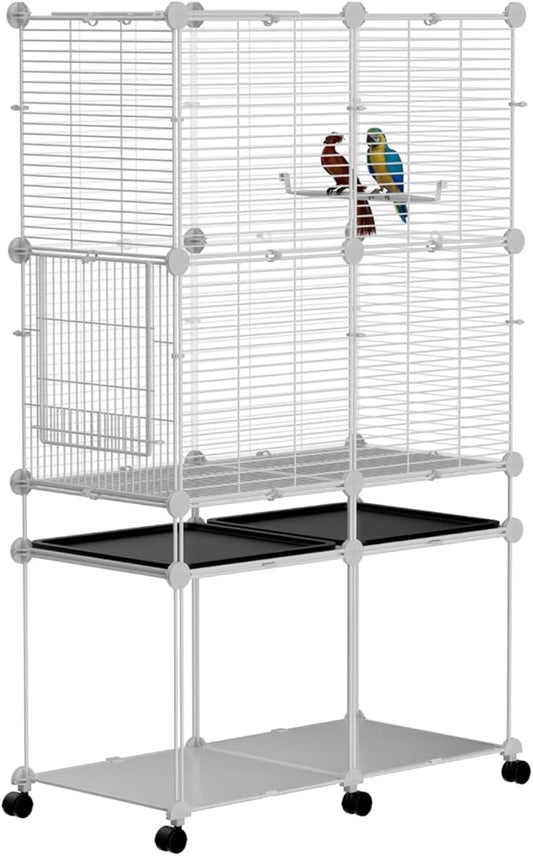 Standing Large Bird Cage, Parakeet Cage with Detachable Stand & Wheels, Wide Flight Birdcage for Parrot Cockatiel Conure Budgie Canary Finch Lovebird