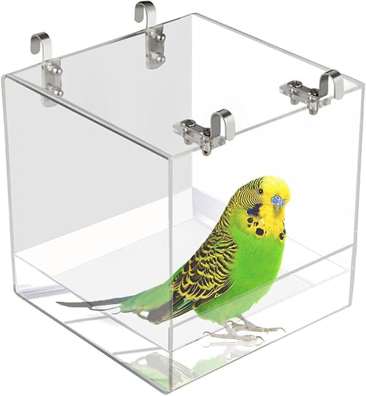 Hanging Cube Bird Bath Cage, Transparent Bird Bathtub Bath Shower with Stainless Steel Hooks for Small Bird Canary Parakeet Budgerigar Parrots Crested Myna Cockatiel Lovebird (Small)
