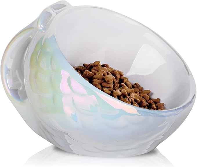 Nihow Cat Food Bowl: 5.7 Inch Ceramic Raised Cat Dish - Elevated Pet Bowl for Protecting Pet's Spine - Colorful White (4OZ /1 PC)