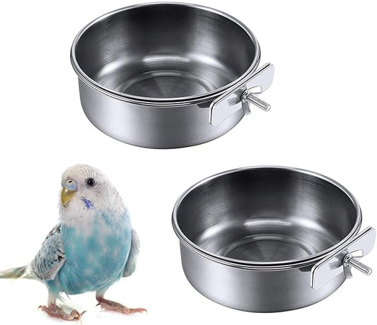 Kathson 2 Pack Bird Feeding Dish Cups, Stainless Steel bird bowls Parrot Feeders Water Cage Bowls with Clamp Holder Bird Feeders for Parakeet Cockatiels Conure Budgies Lovebird Finch and Small Animals
