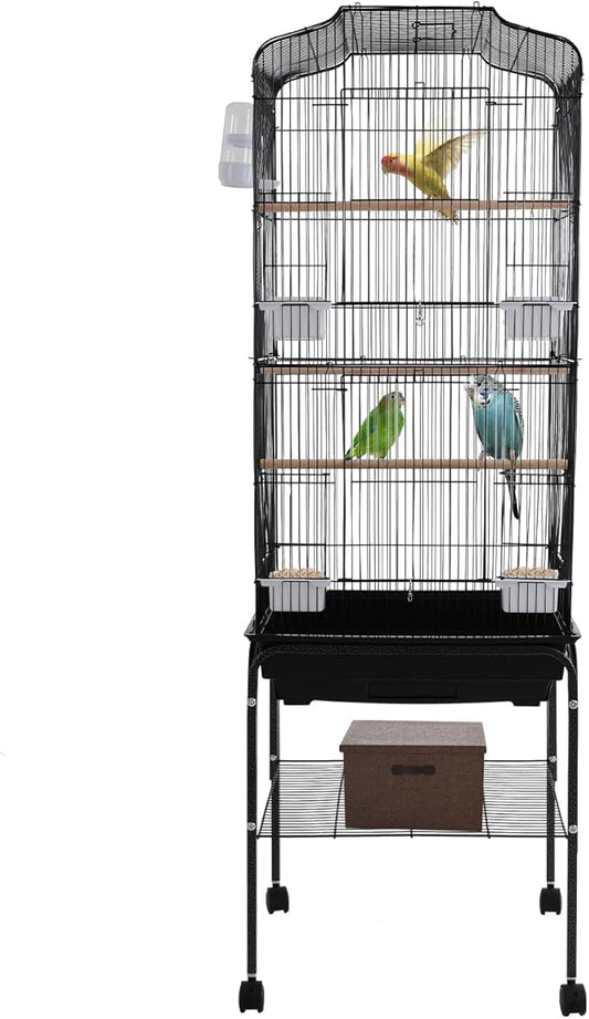Extra Large Bird Cage, 54" Rolling Breeding Flight Bird Cages w/ 360° Wheels, Open Play Top Bird Cage with Detechable Stand for Parrots, Caiques, Macaw (Black)