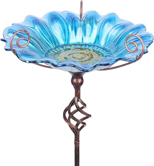 MUMTOP Bird Baths for Outdoors, Outdoor Bird Bath,Glass Birdbath Sunflower Bird Feeders Bowl with Stake for Garden Yard Decor (Blue)