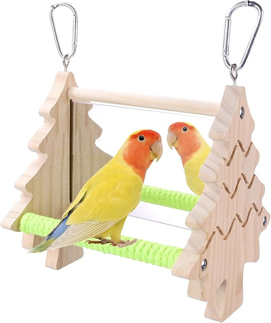 Small Bird Mirror Parrot Swing,Bird Stand Perch Toy,Double Sided Mirror Swing with Chew Flower Perch Safe Parakeet Budgie Cockatiel Cage Accessories for Biting Anxiety.