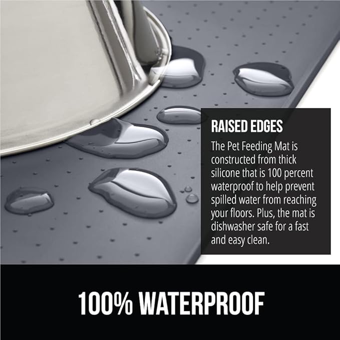 GORILLA GRIP 100% Waterproof Raised Edge BPA Free Silicone Pet Feeding Mat, Dog Cat Food Mats Contain Spills Protects Floors, Placemats for Cats and Dogs Water Bowl, Pets Accessories 18.5x11.5 Gray