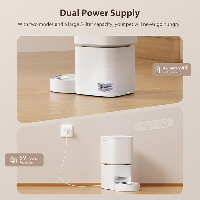 5L/21 Cups Automatic Cat Feeder, Timed Automatic Pet Feeders, Cat Dry Food Dispenser Dual Power, 10 Meals Programmable 1-15 Portion Control Cats Feeder, Pet Food Dispenser for Cats & Puppy(Not WiFi)