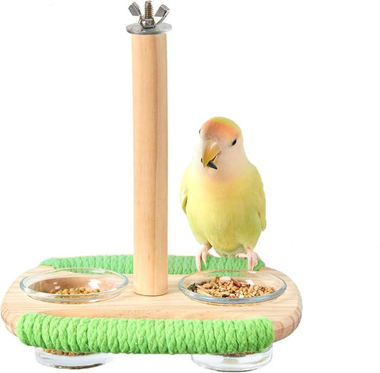 Bird Feeder & Perch – Includes Cotton Rope Perch and 2 Glass Feeding Cups – Cage Accessory for Cockatiels, Budgies, Lovebirds, Conures, Canaries, Finches, and Small Parrots