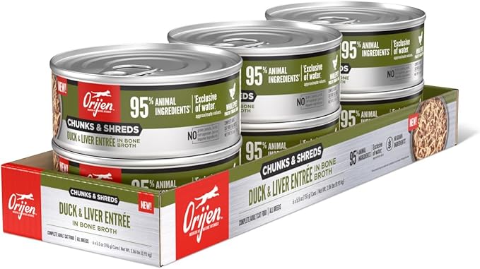 ORIJEN Chunks & Shreds Wet Cat Food Duck & Liver Entrée 5.5oz Cans (6 Count)