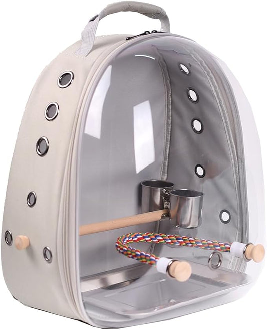 Bird Traval Carrier Cage, Multi Vent Holes Clear Space Capsule Astronaut Backpack to Carry Parakeet Cockatiel Parrot with Metal Tray Wood Perch, Vet Transport Book Bag