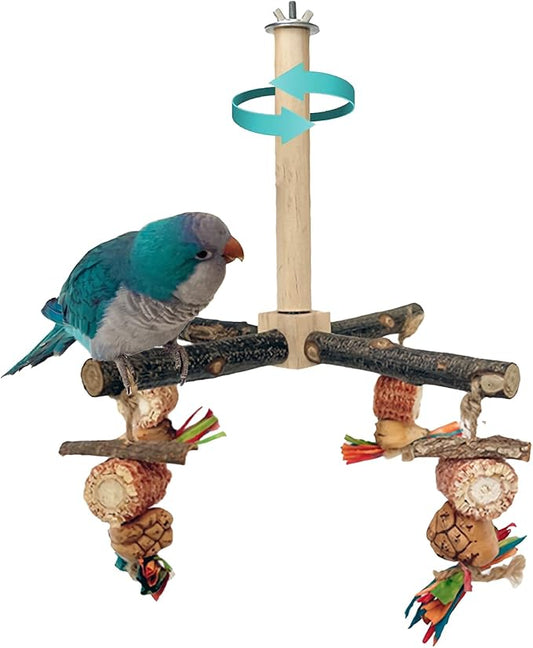 Bird Perch 360° Rotating with Natural Chew Toys - ROOJUNE Bird Toys Cage Accessories- Parrot Wooden Stand for Small and Medium Birds (Parakeets, Budgies, Cockatiels, Conures, Finches)