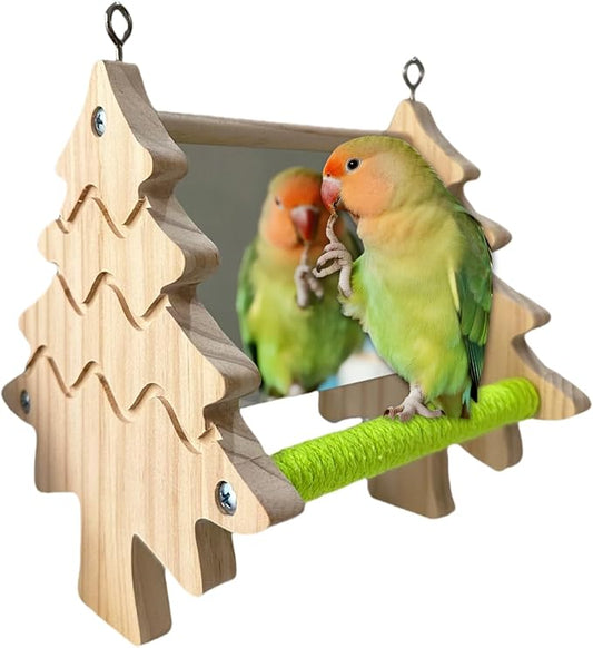 Bird Toys, Wooden Swing with Mirror and Perches for Cage, Bird Cage Accessories for Budgie, Lovebird, Green Cheek, Cockatiel, Conure, Quaker, Caique and Other Small to Medium Birds