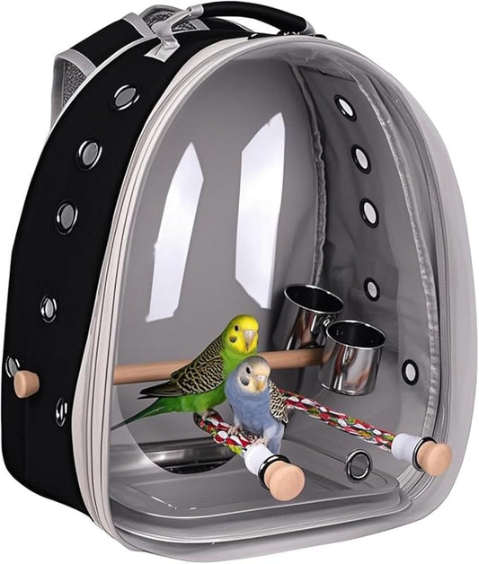 Bird Traval Carrier Cage, Multi Vent Holes Clear Space Capsule Astronaut Backpack to Carry Parakeet Cockatiel Parrot with Metal Tray Wood Perch, Vet Transport Book Bag