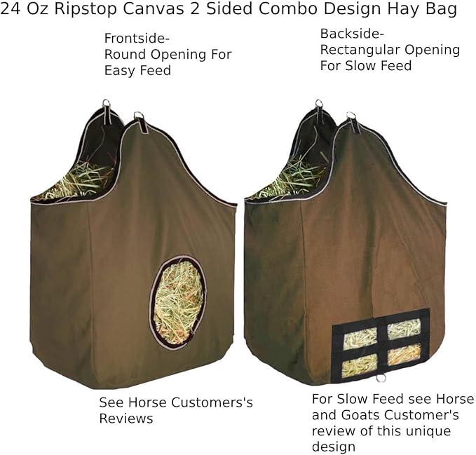 Derby Originals Large 24 OZ Canvas Horse Hay Bag 2 Sided Combo Design X Wide Gusset and 6 Month Warranty