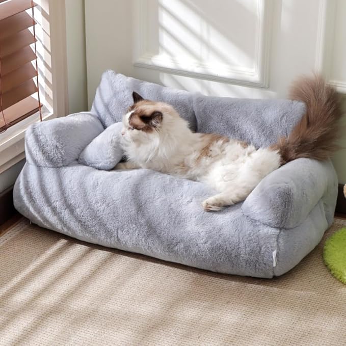 Soft Fluffy Self-Warming Cat Bed | Washable Pet Sofa for Indoor Cats & Small Dogs | Cute Princess-Inspired Kitten Couch & Puppy Bed(Beige,35.43''*22.05''*11.81'')