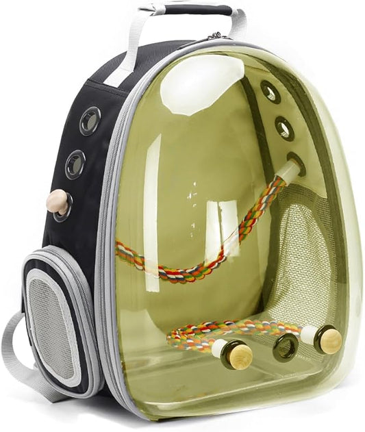 halinfer Bird Traval Carrier Cage, Polarized Tinted Brown Space Capsule Astronaut Backpack to Carry Parakeet Cockatiel Parrot with Metal Tray Wood Perch, Vet Transport Bag