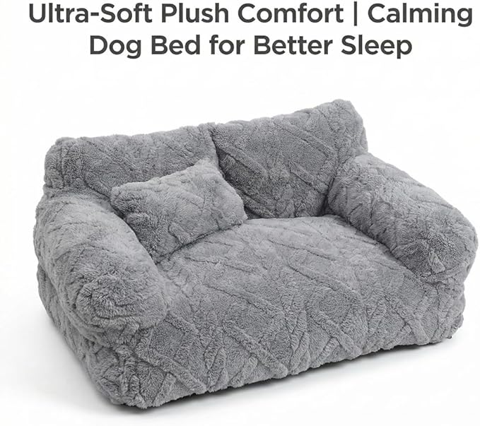 Plush Calming Pet Sofa Bed, Raised Rim, Removable Cover & Non-Slip Bottom for Cats & Dogs, Calming Dog Bed Fluffy Plush Dog Mat for Furniture Protector with Removable Washable Cover (Grey, Medium)