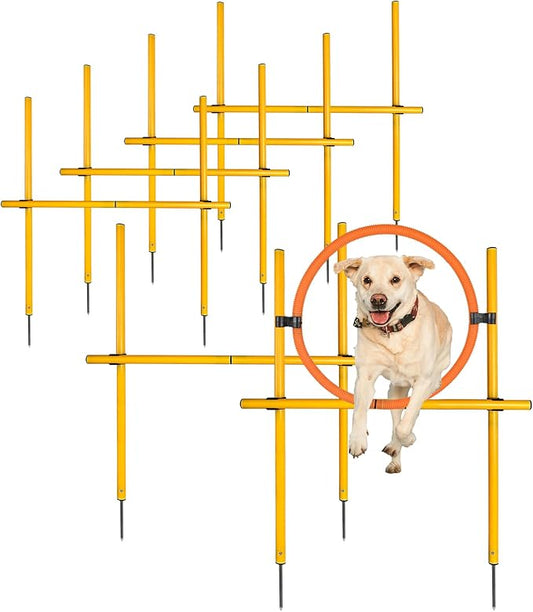 TNZMART 2.6 FT Dog Agility Obstacle Course Backyard Set with Wave Poles, Adjustable Hurdles and Jump Ring, Training Exercise Equipment for Dogs (Pack of 6 Yellow)