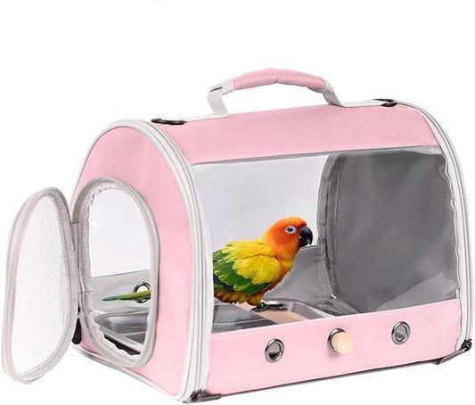 Long Tail Bird Travel Carrier Cage with Tray and Stand Perch, Portable Lightweight Clear Windows Carry Bag for Parakeet Budgies Cockatiel Transport to Vet (Pink, Cylinder Design - Clear)