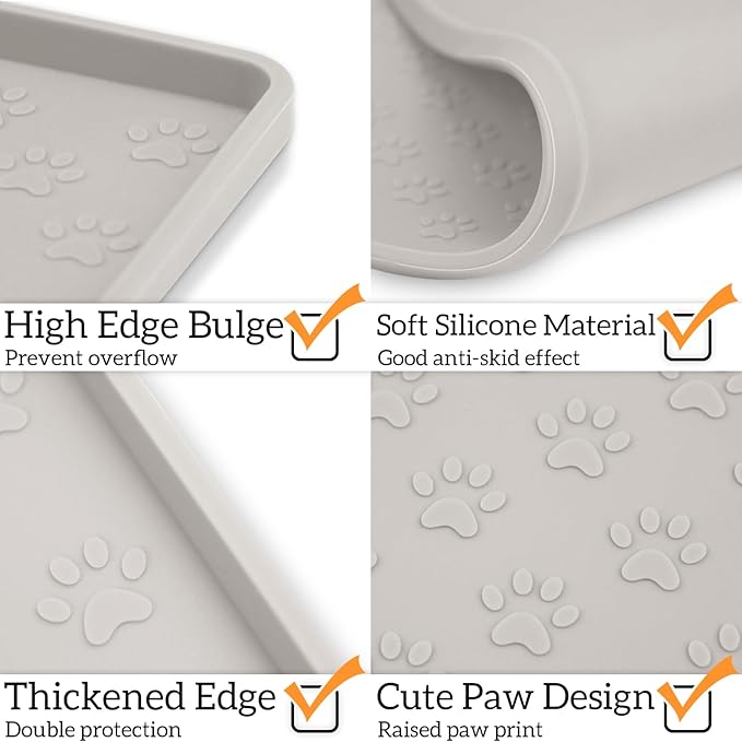 Ptlom Dog Food Mat Anti-Slip Pet Bowl Mats for Food and Water, High-Lips Pet Placemat Prevent Messy Spills to Floor, Waterproof Puppy Feeding Tray for Small, Medium Large Dogs Cats, Silicone