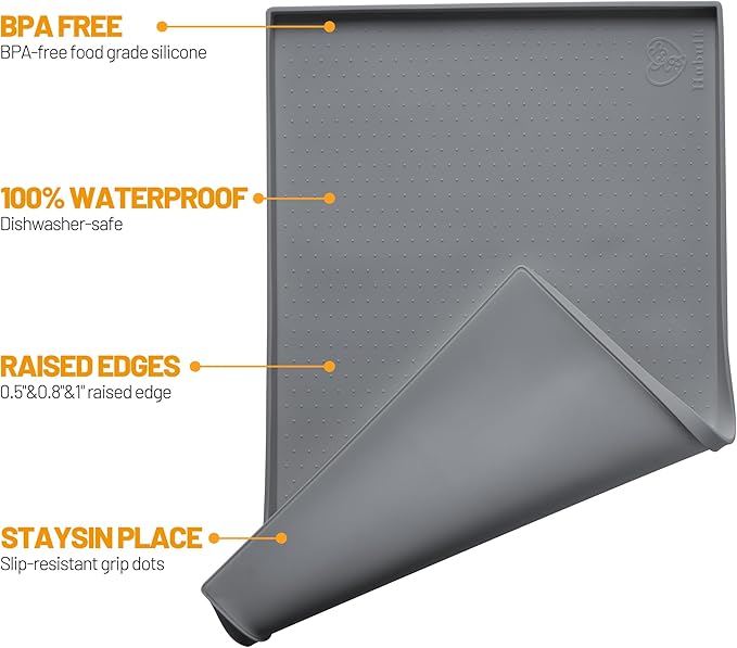 Hubulk Dog Feeding Mat,100% Waterproof Food Grade Silicone Pet Food and Water Bowl Placemat,Dishwasher, High Raised Edge to Prevent Spills,Nonslip Tray to Stop Messes on Floor（28"x18"x0.8", Grey）