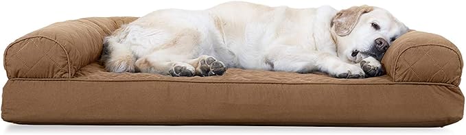 Furhaven Cooling Gel Dog Bed for Large Dogs w/ Removable Bolsters & Washable Cover, For Dogs Up to 95 lbs - Quilted Sofa - Toasted Brown, Jumbo/XL