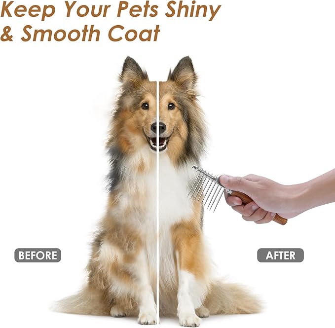 Dog Dematting Comb with Wooden Handle & Detangling Brush - Stainless Steel Undercoat Rake for Long & Thick Haired Dogs & Cats, Professional Grooming Tool for Deshedding and Matted Fur Removal