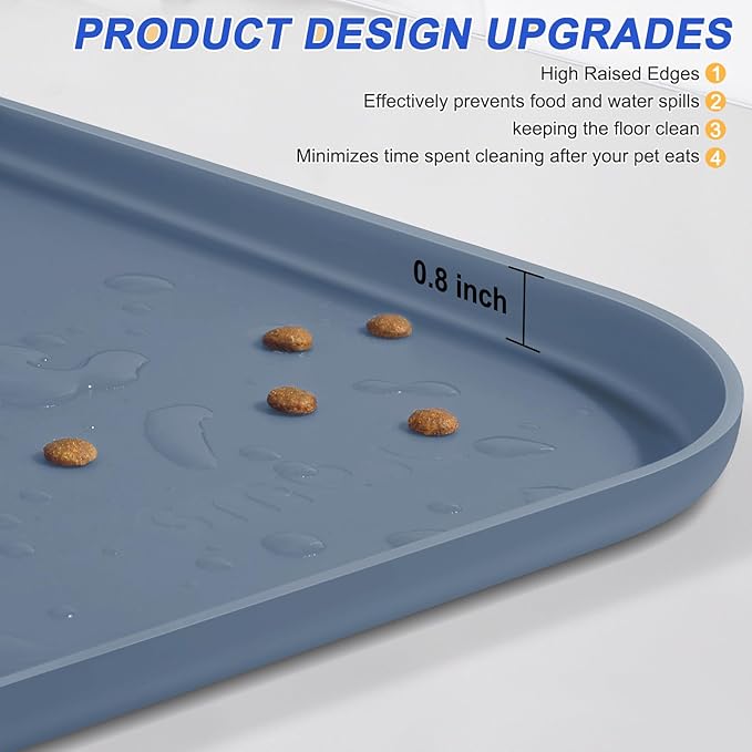 Silicone Pet Feeding Mat with Raised Edge for Food and Water, Dog Bowl Mats, Cat Bowls Placemat with High Lip for Floor Waterproof, Rubber Tray for Cats and Dogs 22 x 14 x0.8 Slate Blue