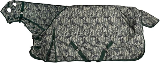 AJ Tack 1200D Waterproof Winter Horse Blanket with Hood - 400g Heavyweight Turnout with Fleece Collar, Shoulder Gussets & Tail Flap - Camouflage 84"