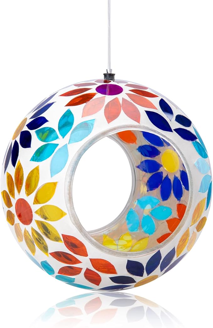 VCUTEKA Bird Feeder Mosaic Fly Through Bird Feeders for Outside Hanging with Round Shape Glass Container to Attract More Wild Birds for Garden, Yard, Backyard, Deck and Porch Decor, 7-Inch