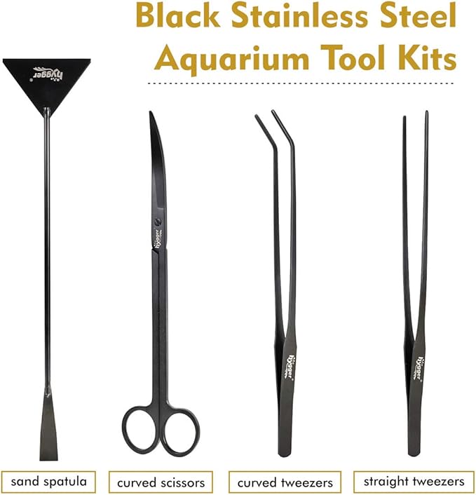 hygger Long Stainless Steel Premium Aquarium Tools, 4 PCS Aquatic Plant Tweezers Scissors Spatula Kits Comes with 1 Cleaning Cloth, for Fish Tank Starters