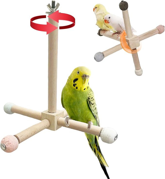Bird Perch - 360° Rotating Interactive Perch for Cage, Natural Lava Rock for Claw & Beak Grinding, Safe Non-Toxic Wood, Multi-Position Play, Parakeet perches for cage, for Small/Medium Birds