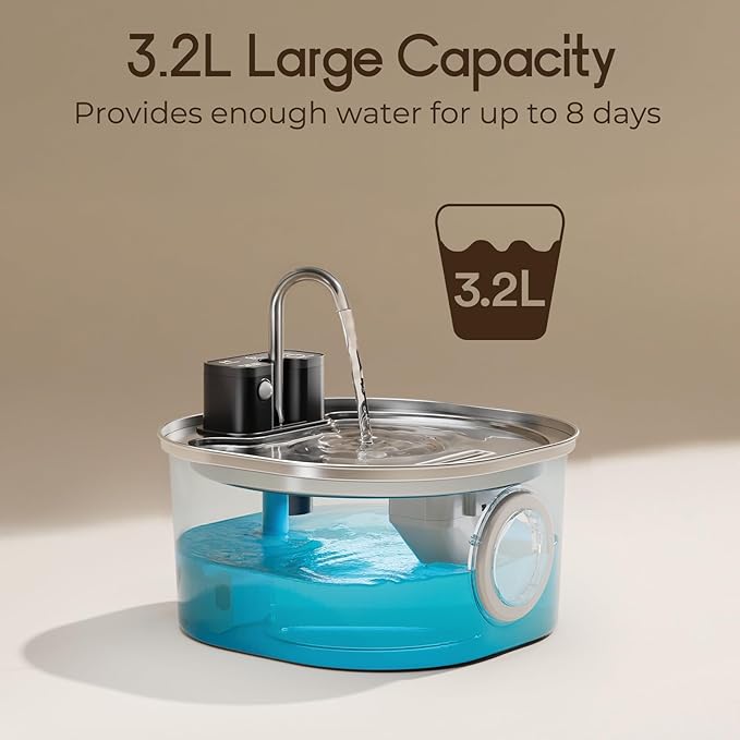 Voluas Cat Water Fountain Stainless Steel: 108oz/3.2L Wireless Cat Fountain Battery Operated for Drinking Indoor, Automatic Pet Water Dispenser Bowl with Ultra Quiet Pump, Easy Clean BPA-Free
