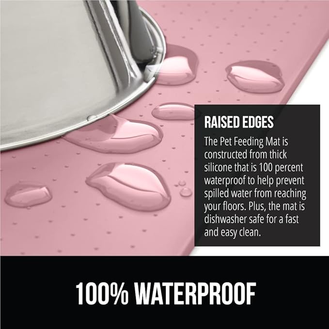 GORILLA GRIP 100% Waterproof Raised Edge BPA Free Silicone Pet Feeding Mat, Dog Cat Food Mats Contain Spills Protects Floors, Placemats for Cats and Dogs Water Bowl, Pets Accessories 16x10, Pink