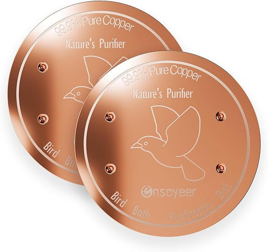 2-Pack Upgraded Bird Bath Copper Disks, 0.8mm Reinforced 99.99% Pure Copper Cleaning Disks, 4-Point Support&Concave Base for Physical Safe Clean Water, Outdoor All-Season Fit Birdbaths&Bowls