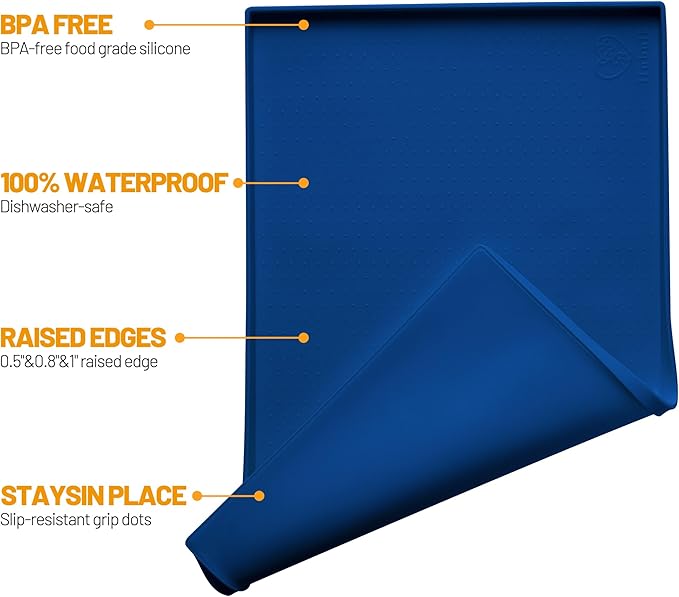 Hubulk Dog Feeding Mat,100% Waterproof Food Grade Silicone Pet Food and Water Bowl Placemat,Dishwasher, High Raised Edge to Prevent Spills,Nonslip Tray to Stop Messes on Floor (19"x12"x0.5", Navy)