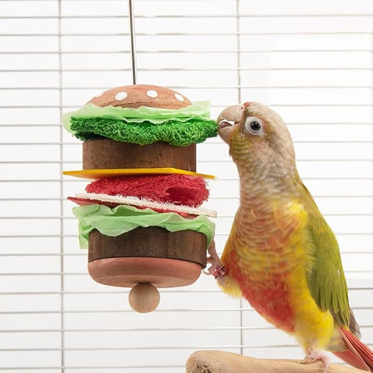 Bird Toys & Bird Perch, Bird Wooden Block Chewing Toy Parrot Foraging & Puzzle Toys Bird Cage Accessories for Conures Parakeets Cockatiels Lovebirds African Grey Macaws (Burger FruitFork)