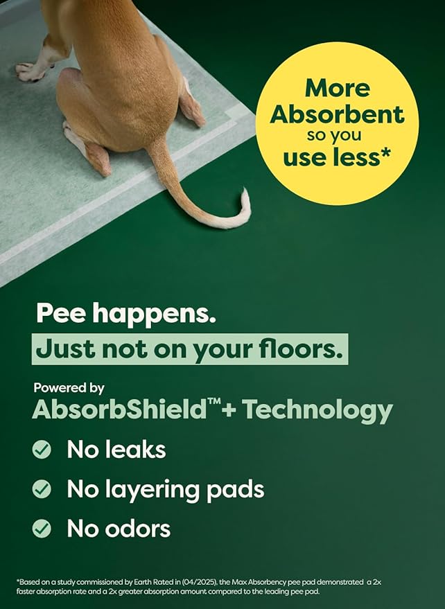 Earth Rated Max Absorbency Puppy Pee Pads for Dogs Absorbs 2X Faster & 2X More, Leak-Proof Odor-Free Potty Training Wee Wee Pad, Unscented, Large, 22” x 23”, 40 Count