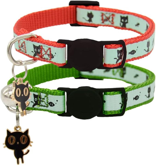 2 Pack Glow in The Dark Cat Collar with Bell Breakaway Safety Cat Puppy Collars with Pendant Red and Green