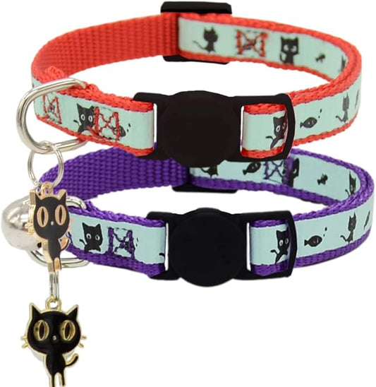 2 Pack Glow in The Dark Cat Collar with Bell Breakaway Safety Cat Puppy Collars with Pendant Red and Purple