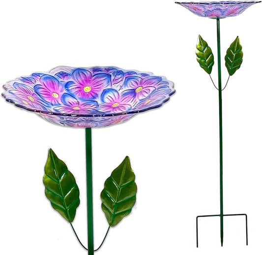 Glass Bird Baths for Outdoor, Garden Birdbath Bird Feeders Hydrangea Decor Birdfeeder with Metal Stake for Garden, Yard, Lawn, Courtyard