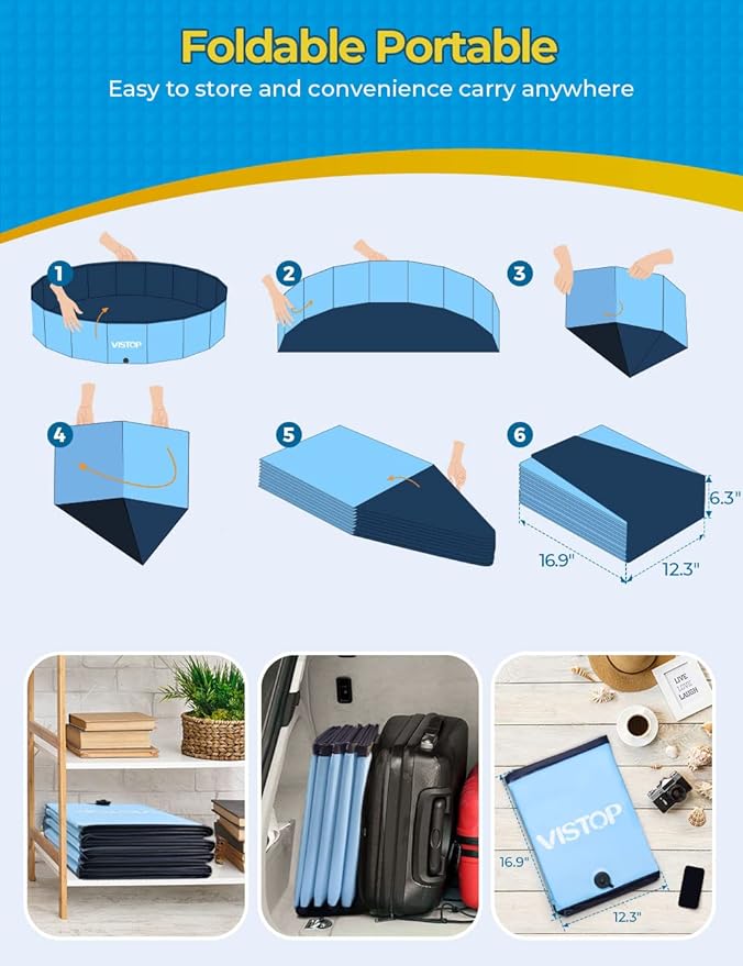 VISTOP Jumbo Foldable Dog Pool, Hard Plastic Shell Portable Swimming Pool for Dogs Cats and Kids Pet Puppy Bathing Tub Collapsible Kiddie Pool (77inch.D x 15.7inch.H, Blue)