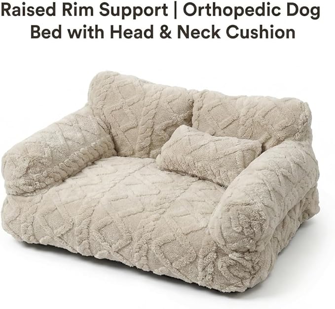 Plush Calming Pet Sofa Bed, Raised Rim, Removable Cover & Non-Slip Bottom for Cats & Dogs, Calming Dog Bed Fluffy Plush Dog Mat for Furniture Protector with Removable Washable Cover (Khaki, Medium)