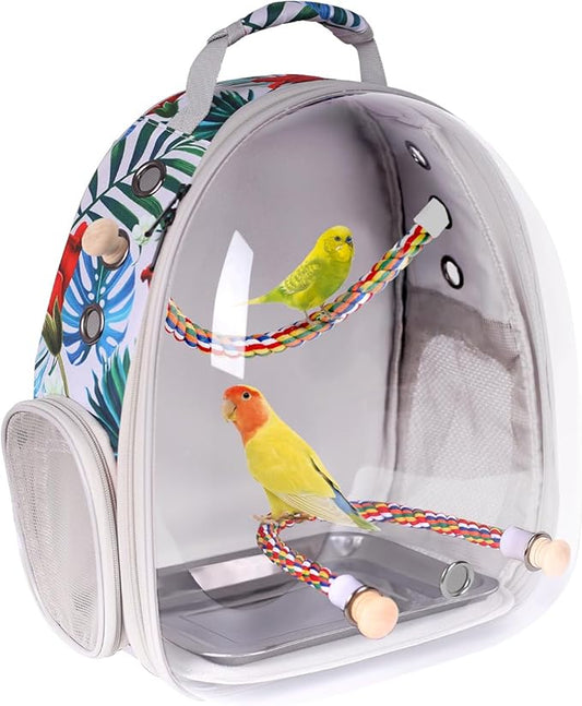 Bird Traval Carrier Cage, Clear Space Capsule Astronaut Backpack to Carry Parakeet Cockatiel Parrot with Metal Tray Wood Perch, Vet Transport Book Bag Floral Printed