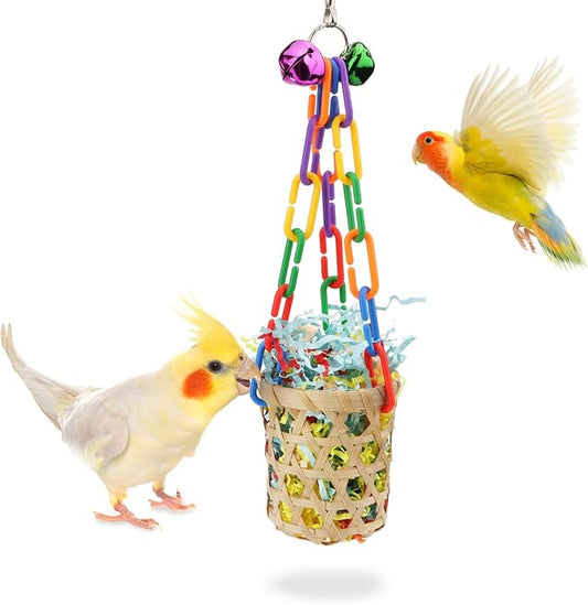 Wontee Bird Toys Colorful Shredding Crinkles Foraging Toys Natural Sola Ball for Parrots Cockatiels Conures Parakeets Budgies Senegal (Bamboo Basket (1 Pack))