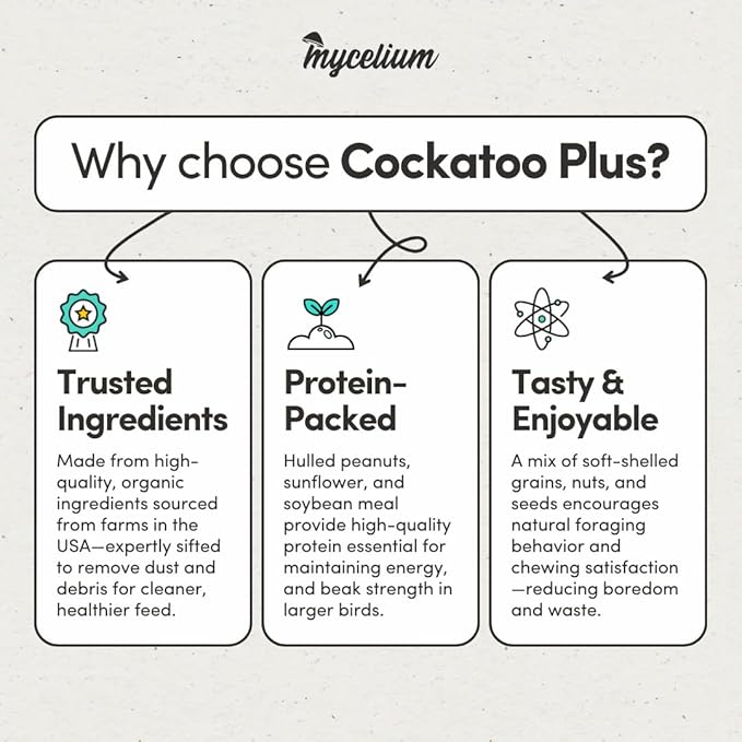 Mycelium Organic Cockatoo Plus Bird Seed (5 LB Bag) | Premium Bird Food for Cockatoos & Parrots | High-Protein, Vitamin-Fortified Daily Nutrition | Skin & Feather Support | Non-GMO, USA Made