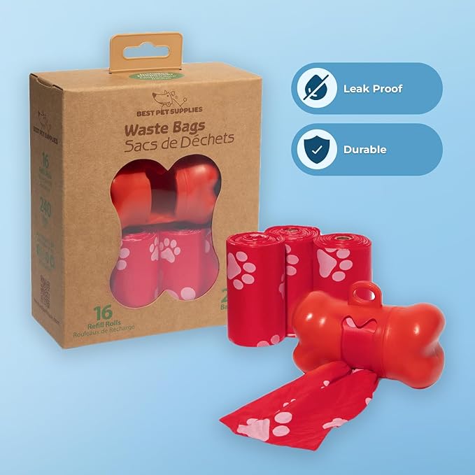 Best Pet Supplies Dog Poop Bags (240 Bags) for Waste Refuse Cleanup, Doggy Roll Replacements for Outdoor Puppy Walking and Travel, Leak Proof and Tear Resistant, Thick Plastic - Red