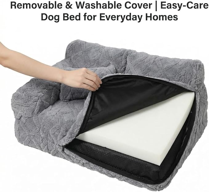 Plush Calming Pet Sofa Bed, Raised Rim, Removable Cover & Non-Slip Bottom for Cats & Dogs, Calming Dog Bed Fluffy Plush Dog Mat for Furniture Protector with Removable Washable Cover (Khaki, Large)