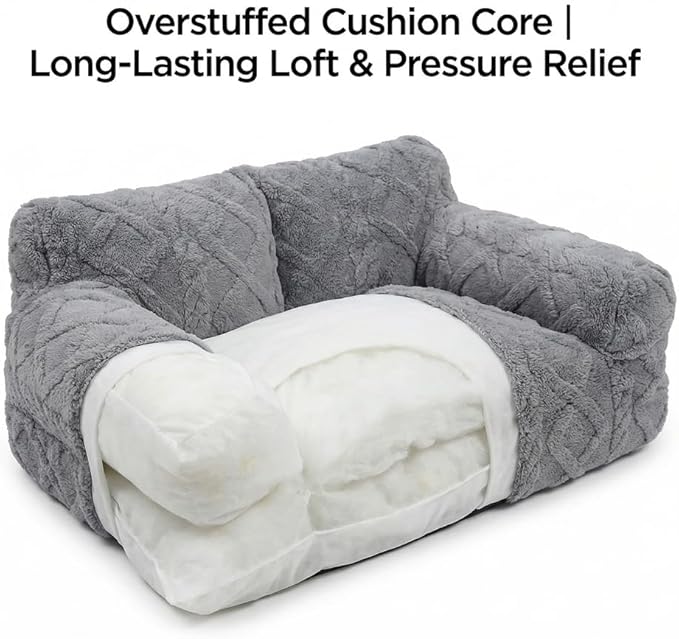 Plush Calming Pet Sofa Bed, Raised Rim, Removable Cover & Non-Slip Bottom for Cats & Dogs, Calming Dog Bed Fluffy Plush Dog Mat for Furniture Protector with Removable Washable Cover (Grey, Small)