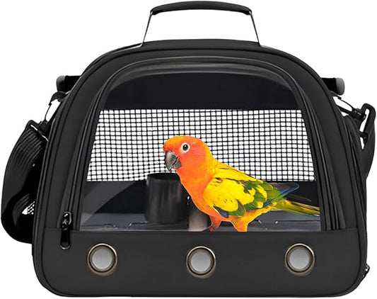 Bird Backpack,with Feeder Cups Tray Perch Portable Breathable Bird Carrier,for Small Birds Parrots Cockatiels (Black)