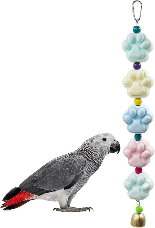 Mineral Chew Toy, Paw Shape Colorful Beaded Bird Toys with Bells | Beak Grinding & Foraging Enrichment for African Grey, Amazon Parrots, Budgies, Cockatiels, Conures